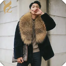 Натуральная Шуба из кролика Рекс с воротником енота теплая для мужчин шуба из натурального меха куртки мужские топы и блузки
