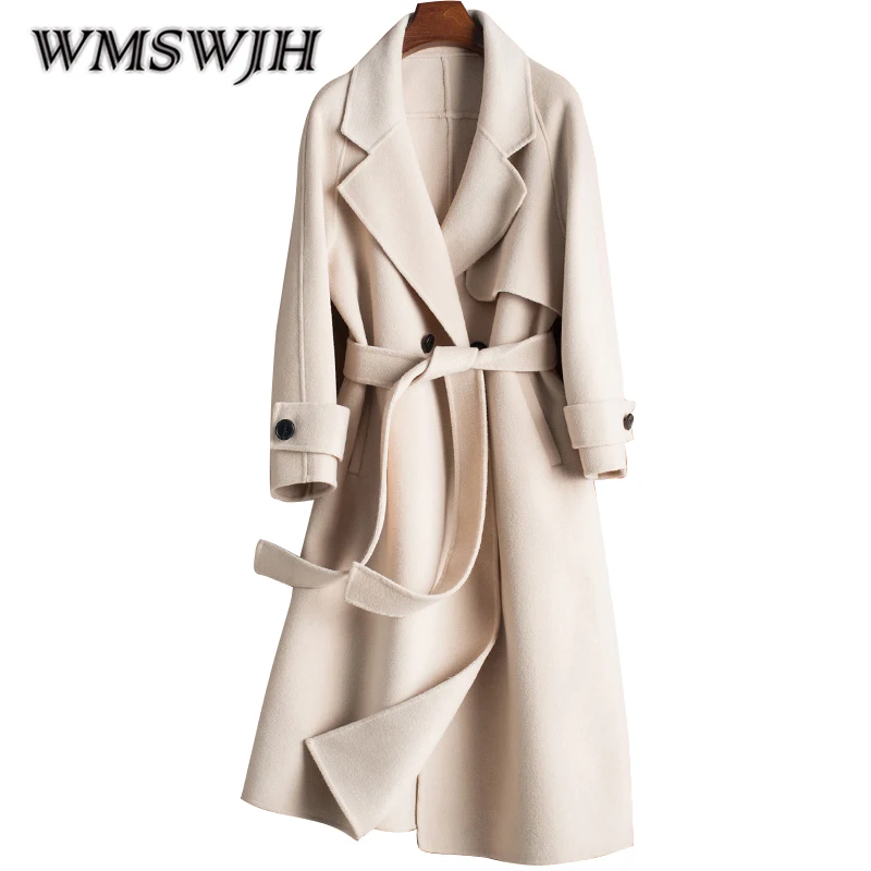 

2019 New Women Handmade Sided Cashmere High Quality Coat Woolen Sashes Autumn and Winter Vouge 100% Double Side Wool Overcoat
