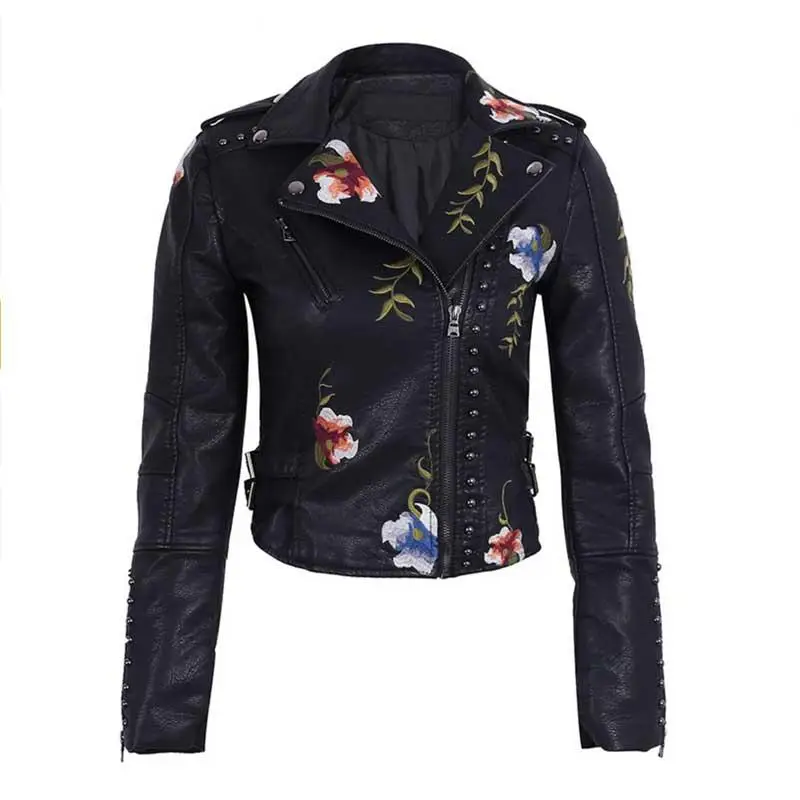 Ly Varey Lin куртка из искусственной мягкой кожи женская куртка из искусственной кожи с цветочной вышивкой мотоциклетная верхняя одежда из искусственной кожи на молнии в стиле панк - Цвет: Black