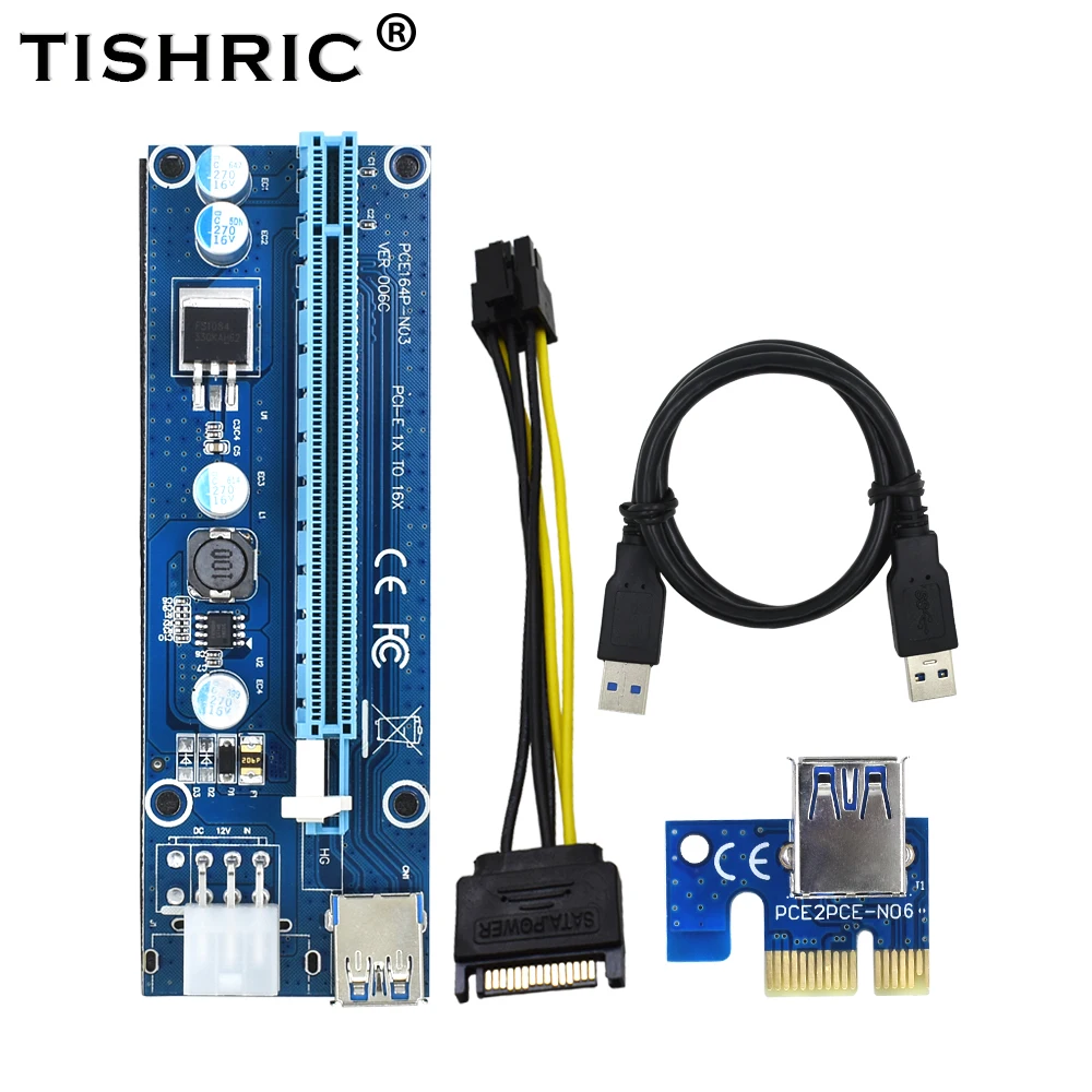 TISHRIC 10 шт. VER006C PCI Express Riser Card Extender E PCIE 1x 16x USB 3 0 Molex 6Pin на SATA Кабель адаптер для BTC Miner|card