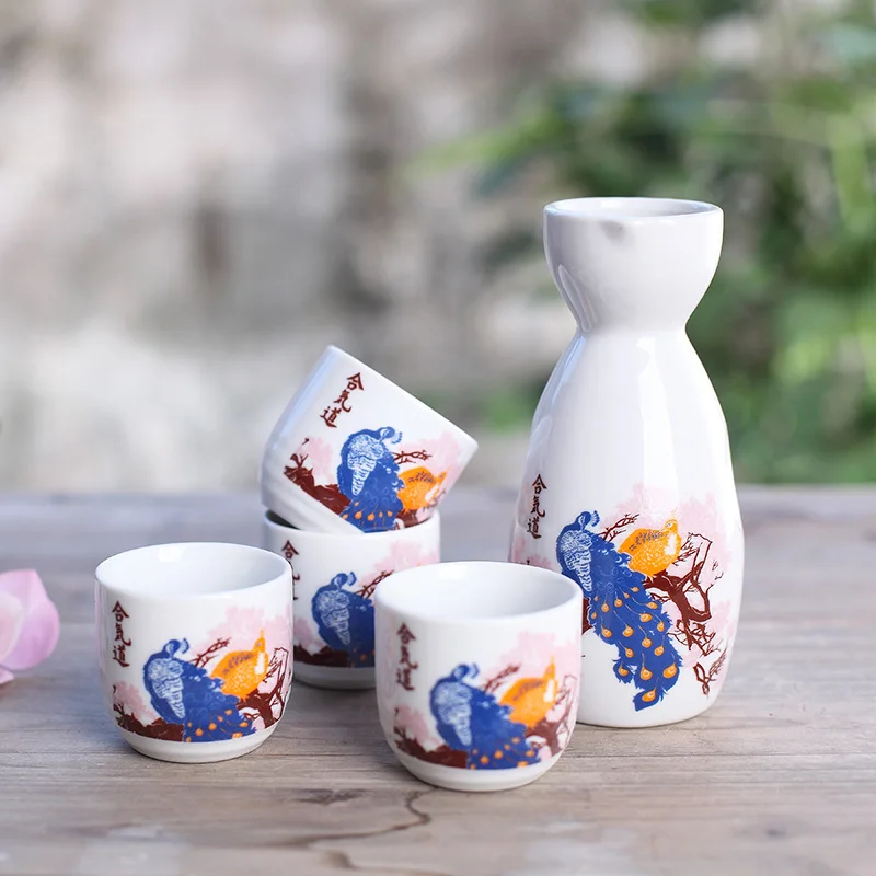 

Ankoow Japanese Sake Set with Four Wine Cups Hand Painted Blue white porcelain Style Pottery Traditional Ceramic Crafts Wine Pot