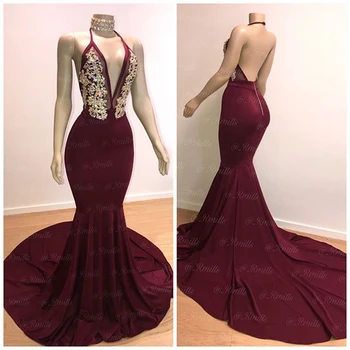 

Long Sexy Prom Dresses 2020 Elegant Mermaid Halter African Black Girl Burgundy Backless Crystals Graduation Women Prom Dress