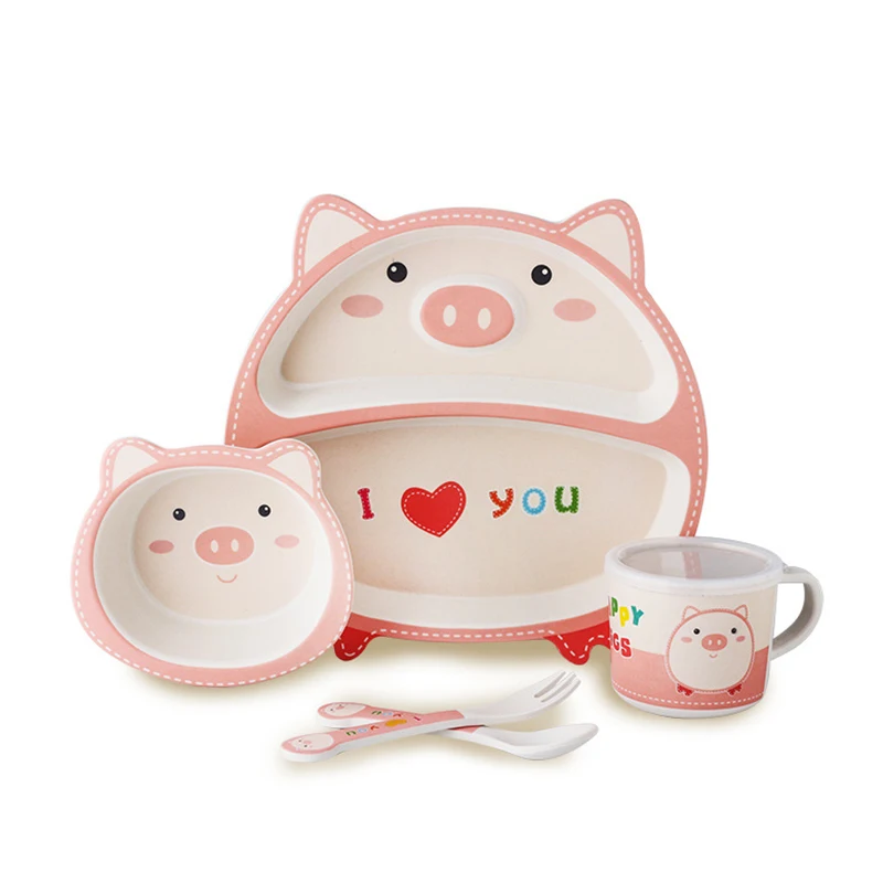 5pcs/set Baby Tableware Cute Pig Children Feeding Dishes Kids Natural Bamboo Fiber Dinnerware With Bowl Fork Cup Spoon Plate 5pcs/set Baby Tableware Cute Pig Children Feeding Dishes Kids Natural Bamboo Fiber Dinnerware With Bowl Fork Cup Spoon Plate