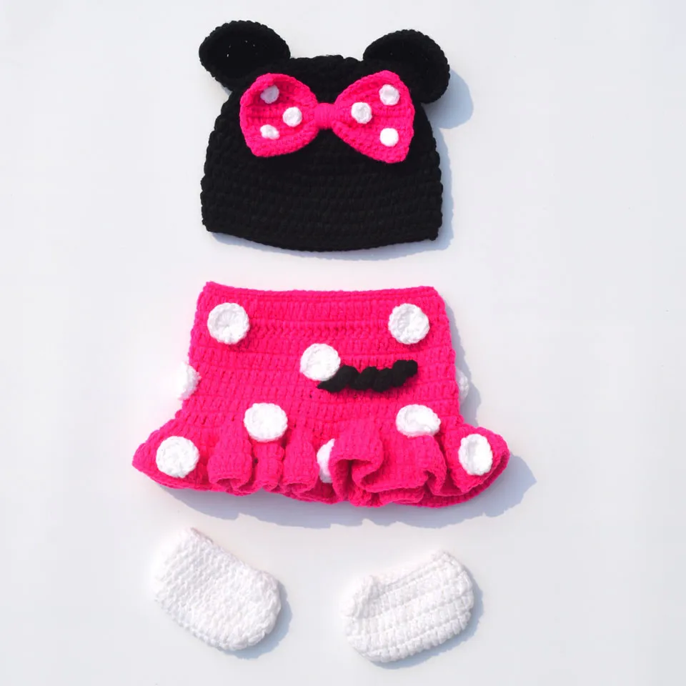 Новинка г. для новорожденных девочек Минни костюм крючком мультфильм шляпа юбки комплект вязаная одежда для малышей Комплект MZS-16028