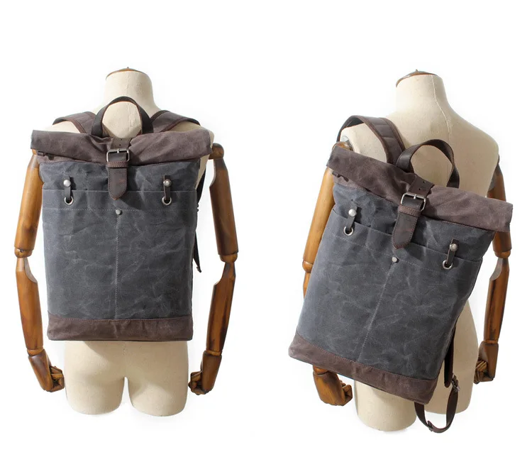 MODEL SHOW of Woosir Waterproof Waxed Canvas Roll Top Backpack