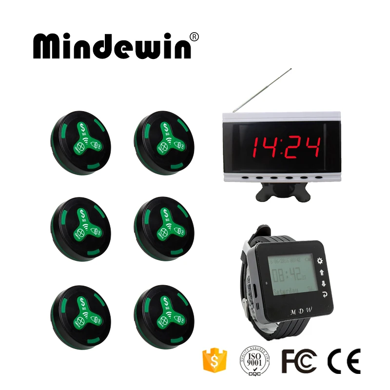 

Mindewin 2017 New Design Restaurant Call System 10PCS M-K-3 Waiter Calling Button,1PC LED Display Receiver And 1PC Watch Pager