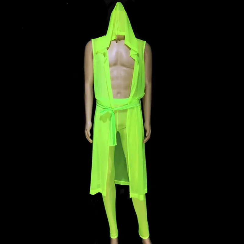 

Sexy Mesh See-through Long Cloak Leotard Pants Men Suit Tide Male Nightclub DJ Pole Dance Costume Bar Party Show Stage Outfit
