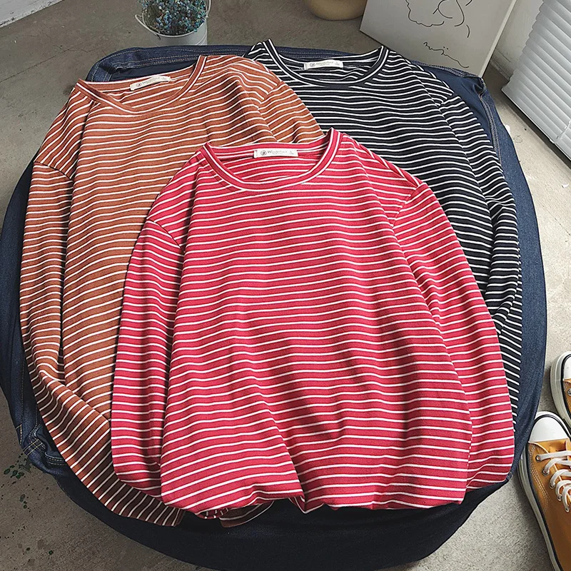 

Spring And Autumn Long-Sleeved Men's T-Shirts Fashion Stripe Long Sleeve Pullover Black Red Brown Long-Sleeved Men's T-Shirts