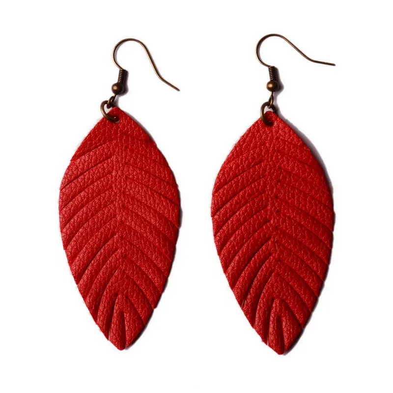 JE0975 red Новинка, женские серьги из искусственной кожи с перьями, модные летние кожаные серьги в виде листьев, Винтажные серьги - Окраска металла: JE0975 red