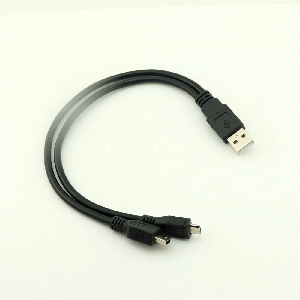 1pcs Black USB A Male to Mini & Micro USB 5 Pin Adapter Dual Plug Splitter Charger Cable 30cm