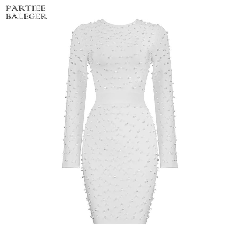 PB 2020 New Arrival Chic Pearl Embellished Long Sleeves O Neck Above Knee Celebrity Party Club Casual Wear Bandage Dress | Женская