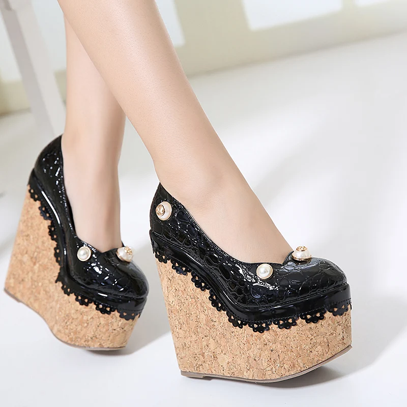 Ladies Larger size wood grain wedge heel Lace customized shoes full genuine leather high heels Women pump 34-40 Kvoll OL