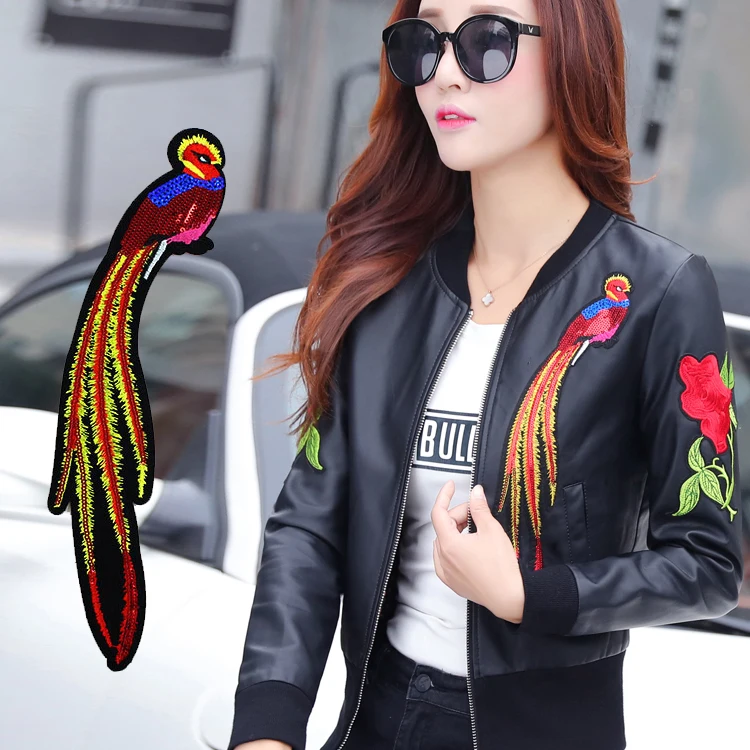 

Sequins embroidery parrot patch birds animal decorative patch large applique motif