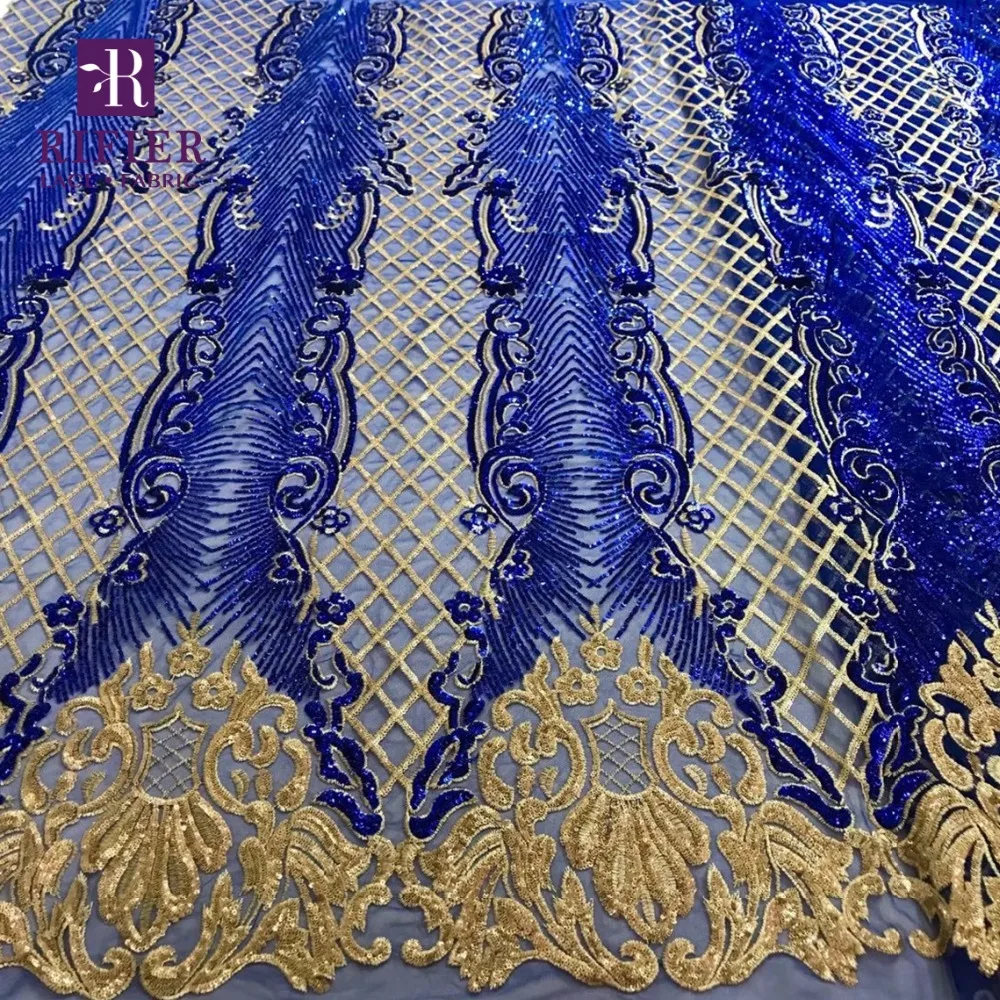 Королевский Голубой цвет блестками вышитые сетки Кружево Ткань для Индии Для женщин свадебное платье tissu Африканской Нигерии Блёстки гипюр Кружево s