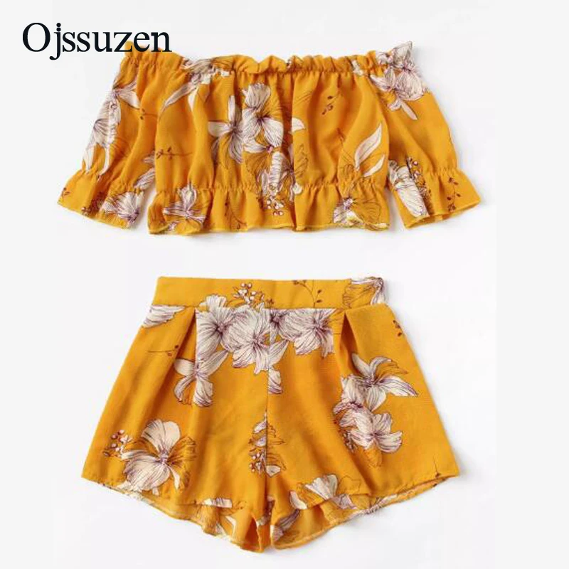 

Clothes Women Summer Two Piece Set Slash Neck Ruffles Short Sleeve Yellow Crop Tops Print Women Elastic Waist 2Piece Set
