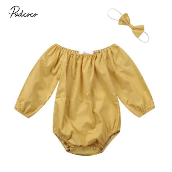 

Pudcoco Spring Autumn Baby Girl Bodysuit Solid Color Newborn Girls Bodysuit with Headband Long Sleeve Girls Winter Clothes 0-24M