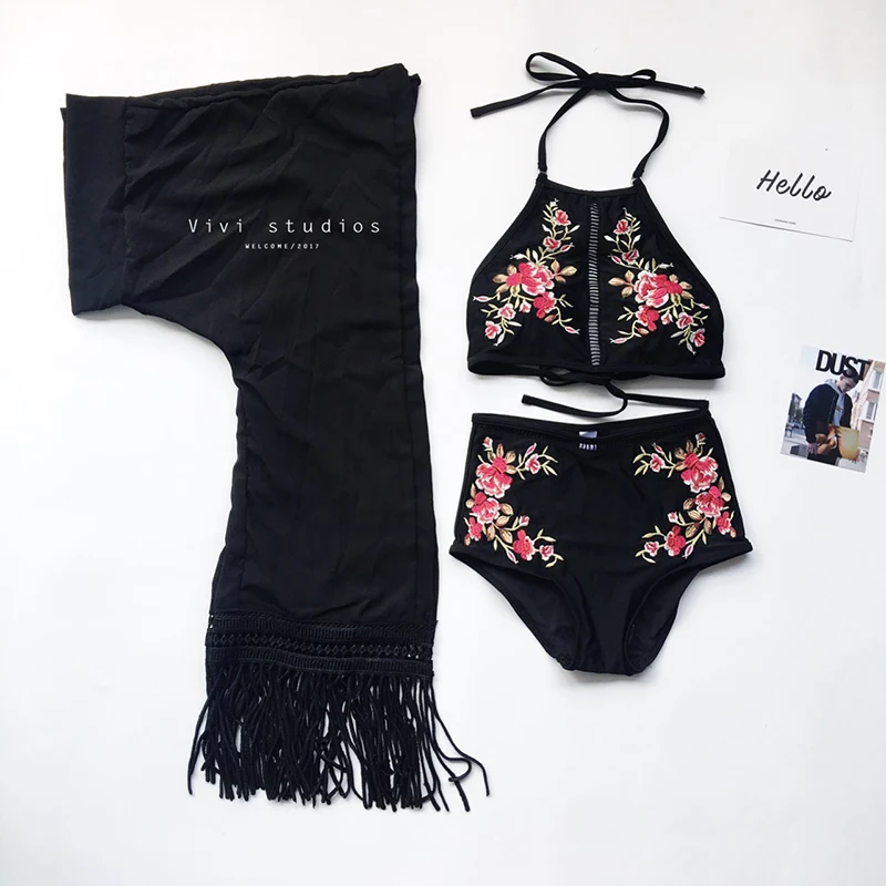 

mayokini 2018 Swimwear Women Black print Swimsuit Female Push Up Dot Design Halter Bathing Suit 3 Pieces Beach Wear