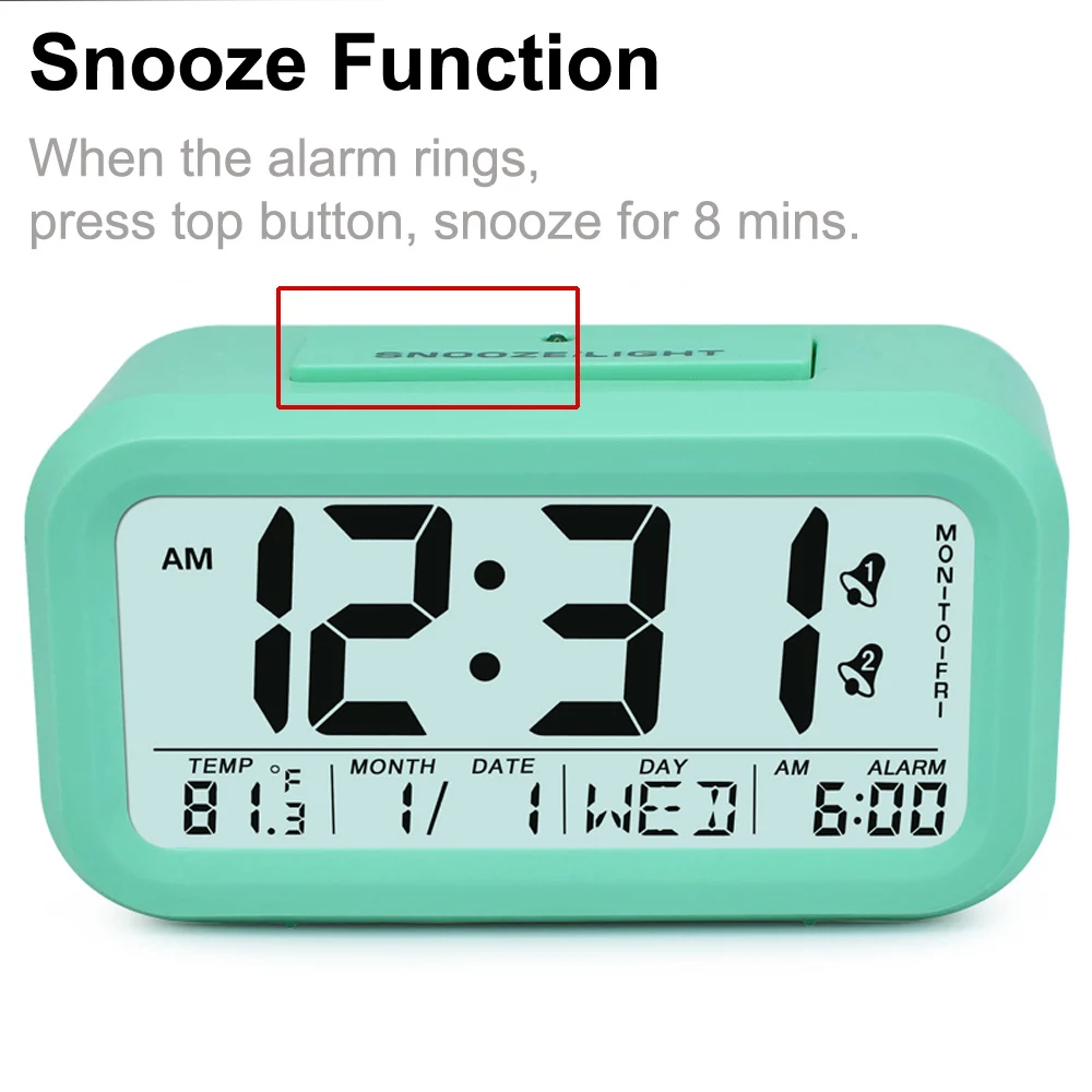 TXL smart Alarm Clock for student, Month Date Day display, LCD light sensor, snooze desktop clock, Kids Table Clock, mint 4color
