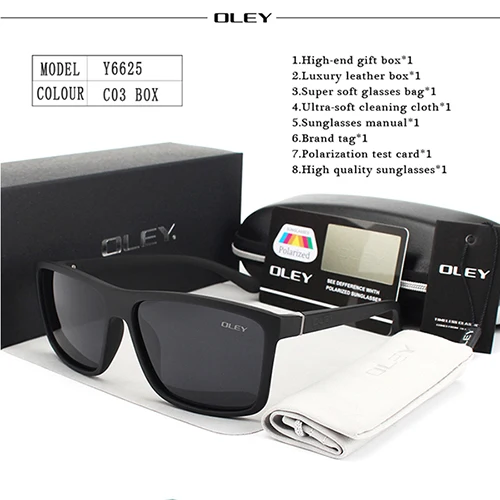 OLEY, поляризационные мужские солнцезащитные очки, фирменный дизайн, Ретро стиль, квадратные солнцезащитные очки, аксессуары, унисекс, очки для вождения, oculos de sol Y6625 - Цвет линз: Y6625 C3 BOX
