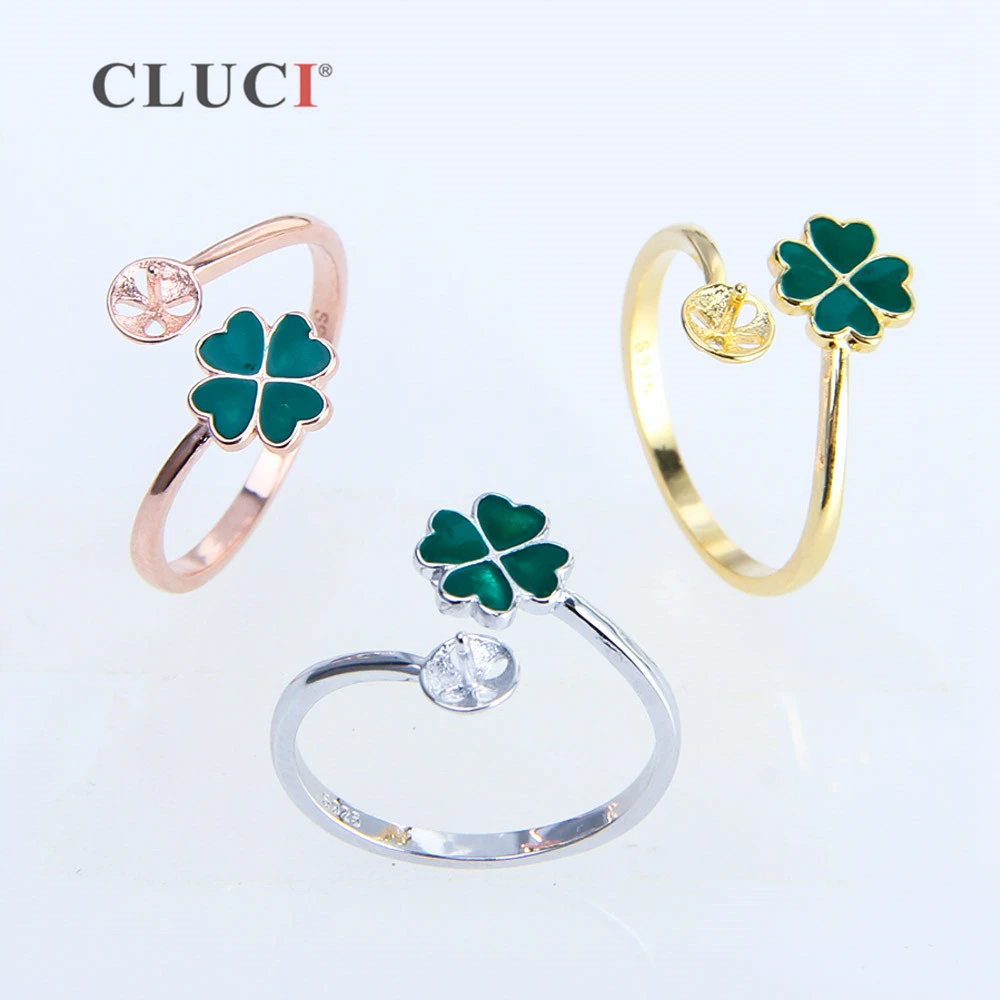 

CLUCI 3pcs 925 Sterling Silver Clover Shaped Ring Jewelry Silver 925 Pearl Ring Mounting Adjustable Women Clover Flower Rings