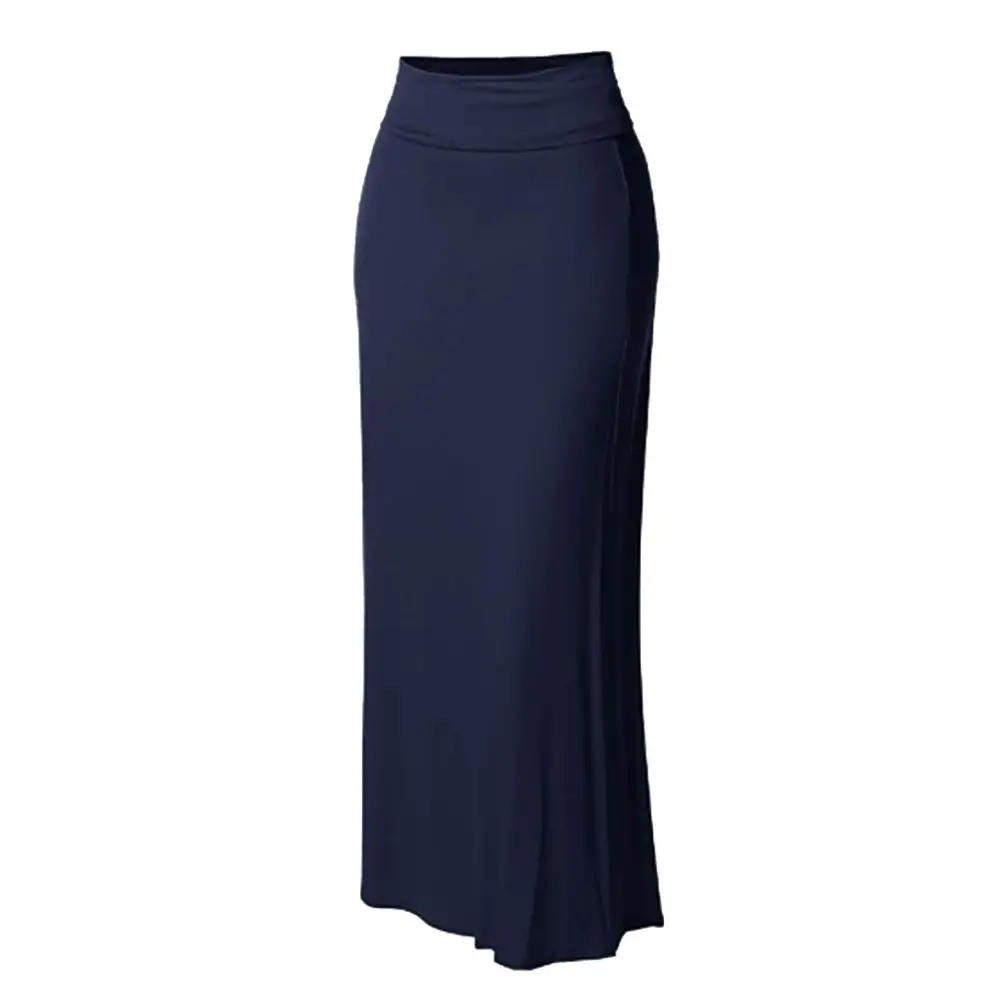 Women's Spring Summer Long Maxi Skirt Ladies Solid Color High Waist Comfort Bodycon Stitching Party Evening Skirt Lady Sias ED - Color: Navy