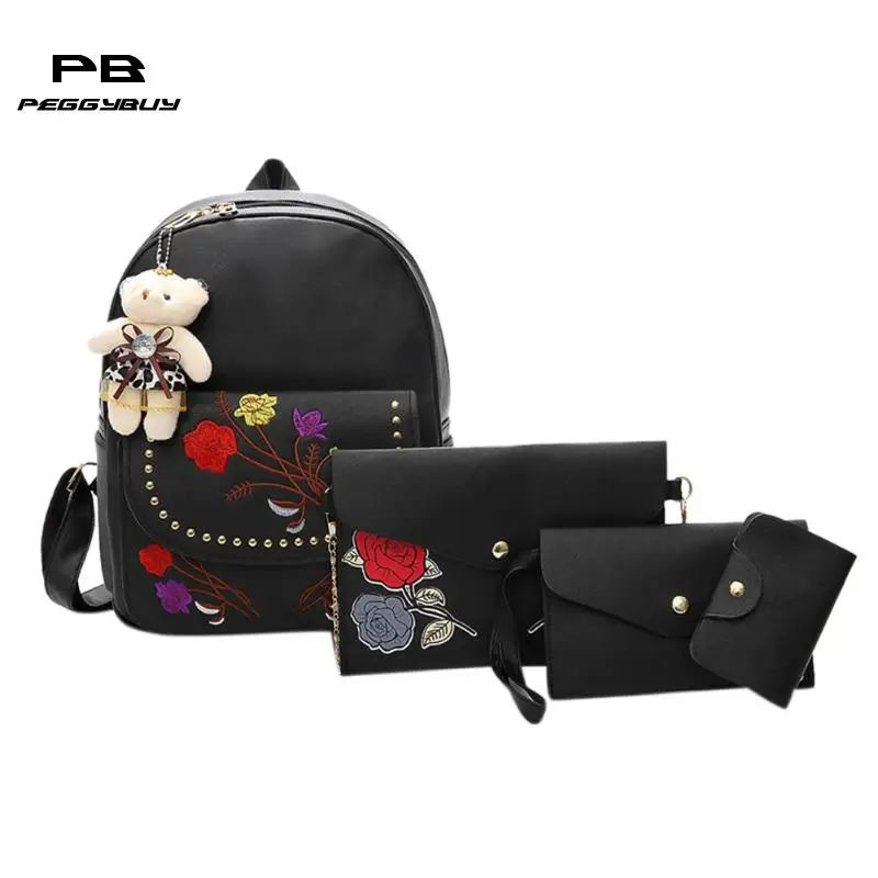 4PcsSet Small Backpacks female School Bags For Teenage Girls Black Pink PU Leather Women Backpack Shoulder Bag Purse Mochila