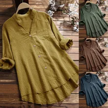 Top 2019 Elegant Lapel Work Office Autumn Shirt Women Casual V Neck Long Sleeve Check Plaid Cotton Linen Long Blouse Tops