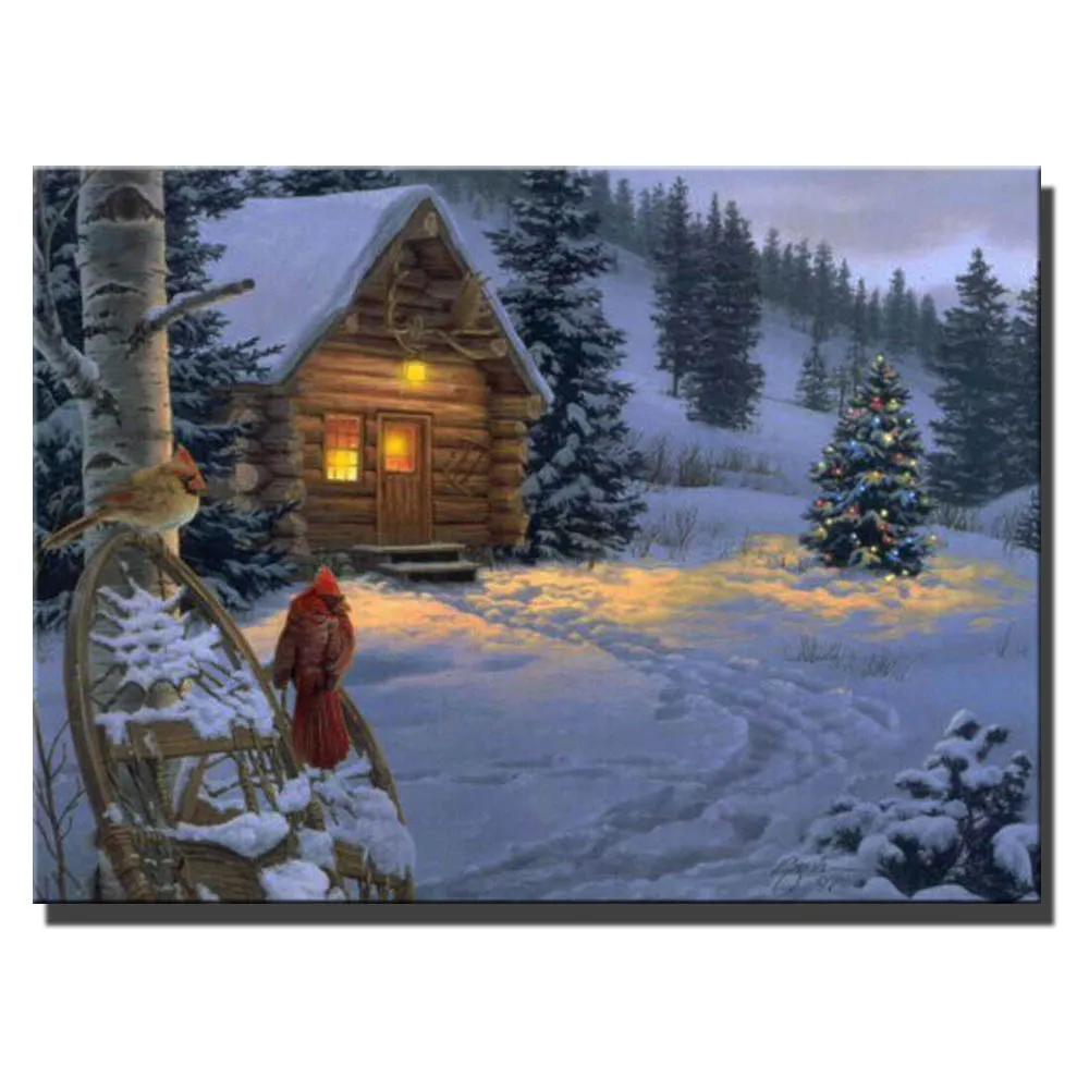 Canvas wall art with led lighted up village cabin with bird merry