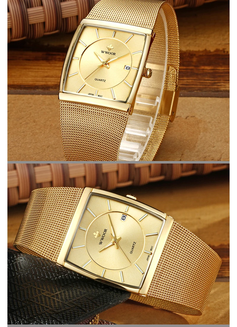 Мужские часы Топ люксовый бренд WWOOR водонепроницаемые Бизнес Кварцевые Квадратные золотые часы мужские модные наручные часы для мужчин