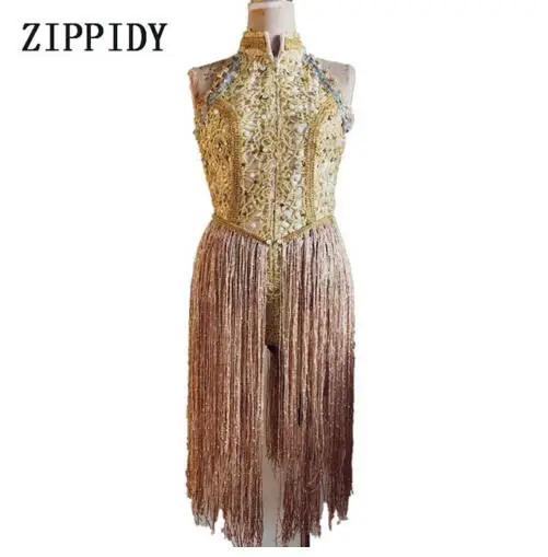 

Fashion Gold Embroidery Pearls Rhinestones Sleeveless Tassel Bodysuit Women's Celebrate Outfit Bar Show Singer Dance Clothes