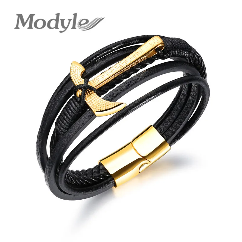Mostyle Ретро натуральные кожаные украшения золотого цвета ax браслет для мужчин с магнитной застежкой