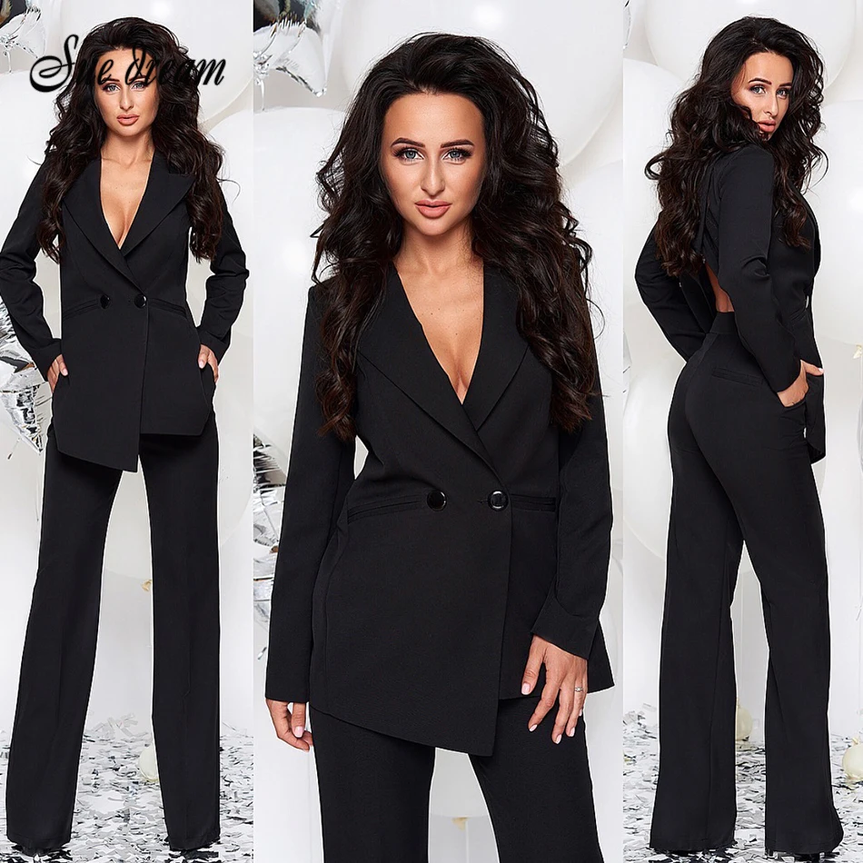 

2018 winter new women's coat long sleeve V-neck double-breasted open back coat a set of celebrity party white black coat