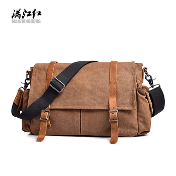 

Men Teenage College School Messenger Bags Vintage Canvas Travel Shoulder Bags with Crazy Horse Belt Vintage Sling Bags