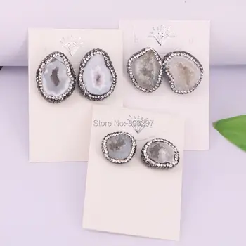 

5Pairs Fashion Nature Stone Geode with Pave Crystal Rhinestone Stud Earrings,Charm Gem stone Earrings