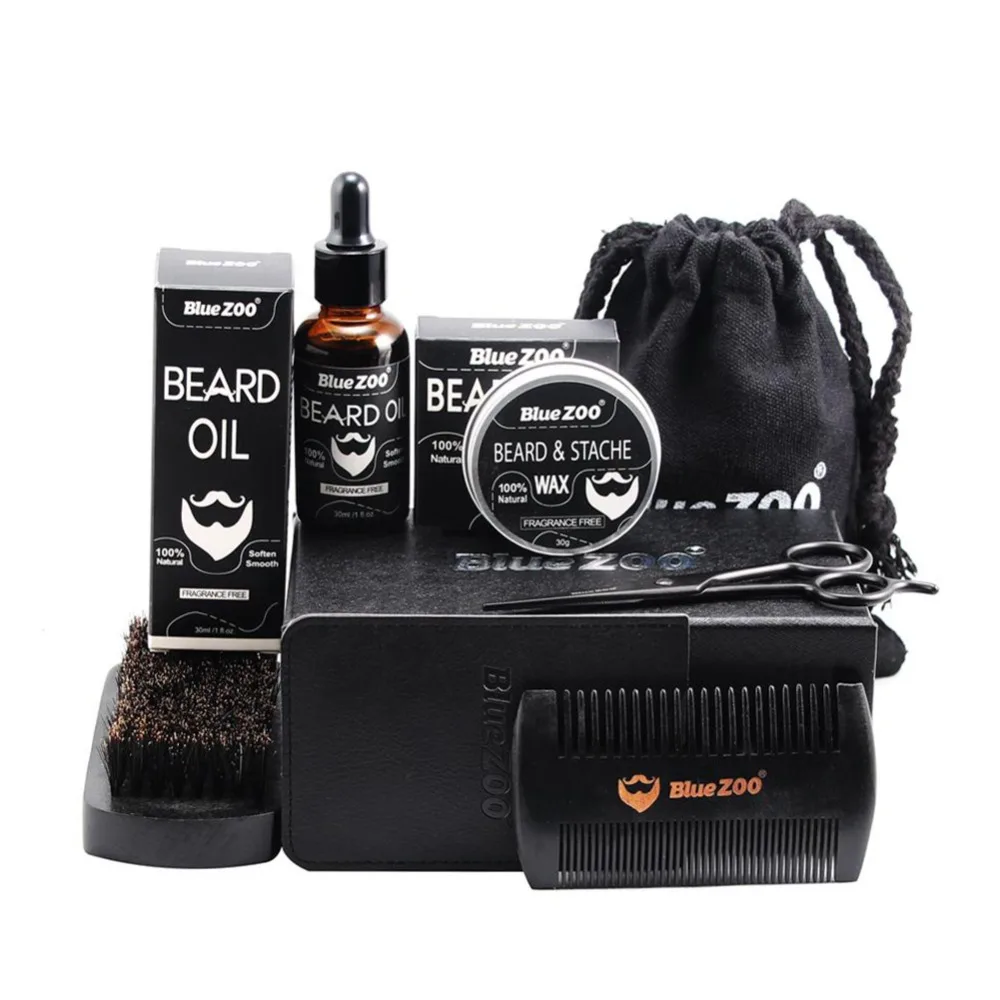 

7PCS/Set Beard Growth Styling Tool Grooming & Trimming Kit Shaping Moisturizing Wax Oil Brush Comb Scissor Mustache Hair Growth