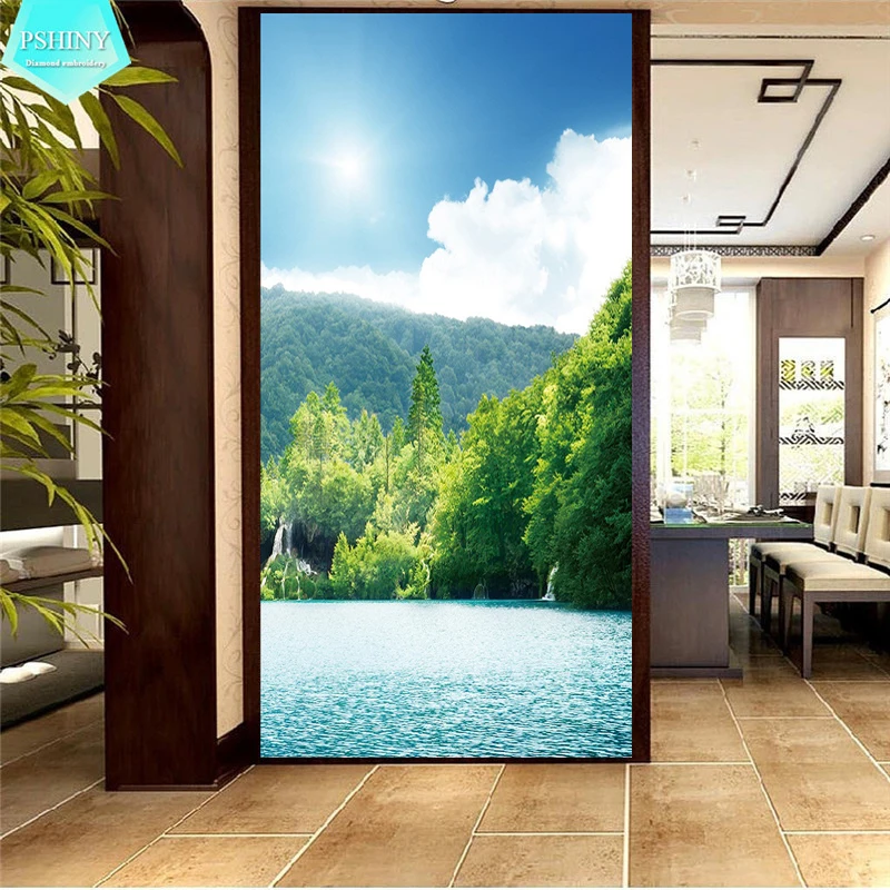 

PSHINY 5D DIY Diamond embroidery sale Mountain Lake scenery Full Round rhinestone kit diamond painting cross stitch