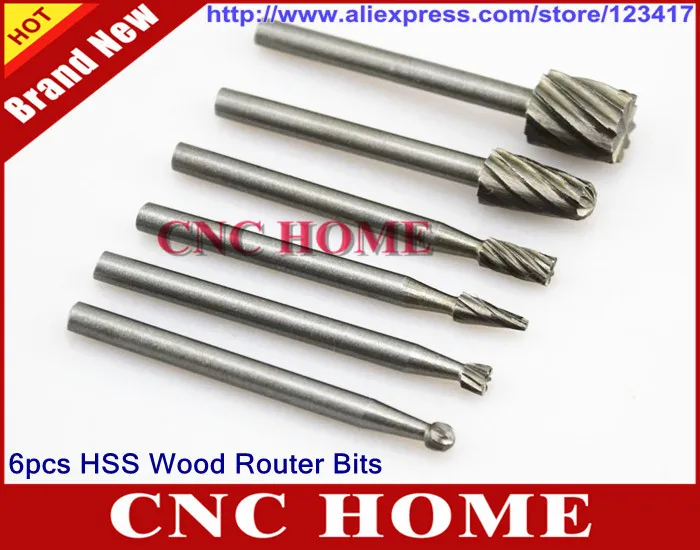 Free Shipping 6pcs/lot HSS Routing Router Bits Burr Rotary Tools Suit, Dremel Wood Router Bit