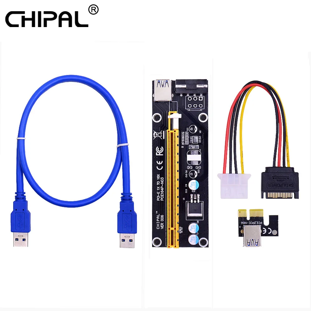 

CHIPAL VER006 PCI Express PCI-E Riser Card PCIE 1X to 16X 60CM USB 3.0 Cable SATA to 4Pin Molex Power for Bitcoin Miner Mining