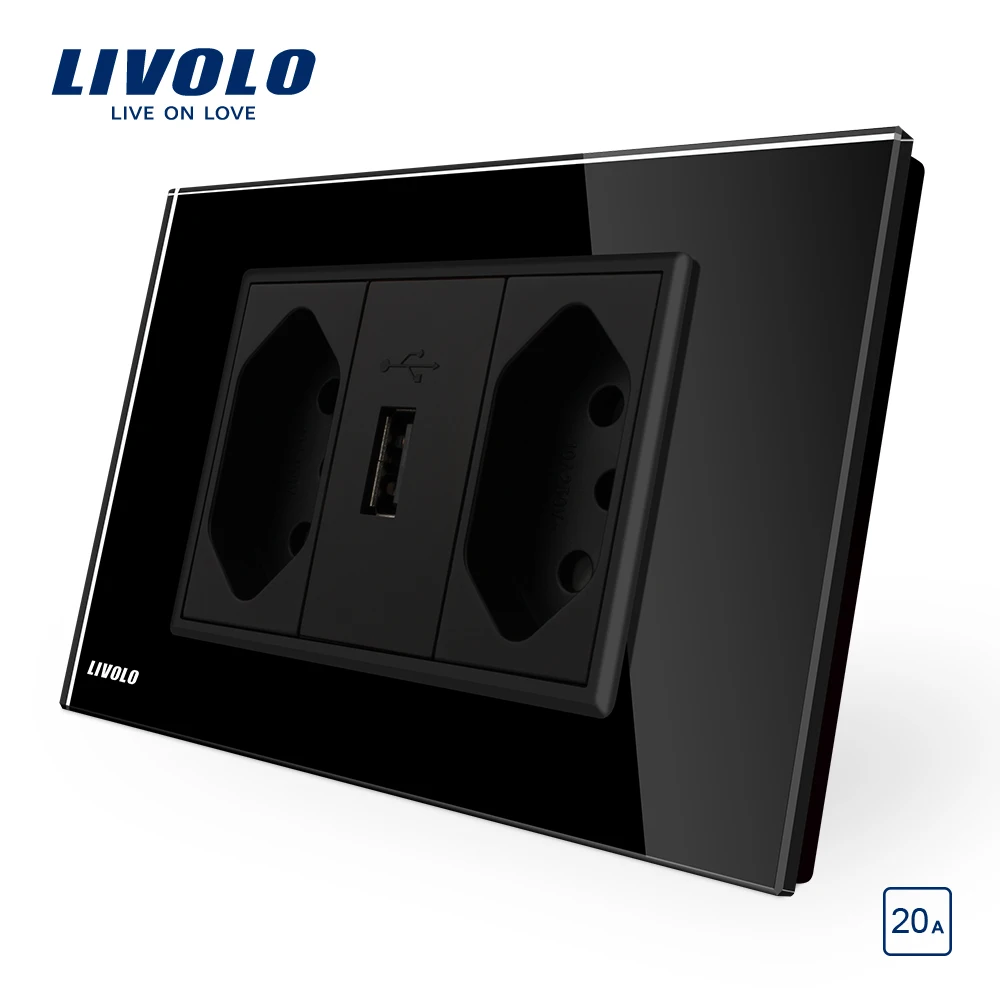 Livolo бразильский/Итальянский стандарт 3 контакта 20А+ USB розетка, белая стеклянная панель без вилки, C9C2UBR2-11