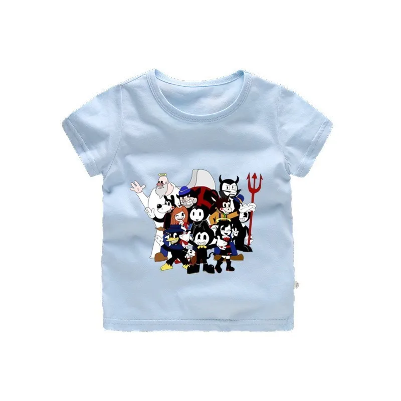 От 2 до 12 лет футболка с круглым вырезом и рисунком Бенди; хлопковая одежда; летняя футболка для мальчиков; топы для детей; детская одежда с короткими рукавами - Цвет: Небесно-голубой