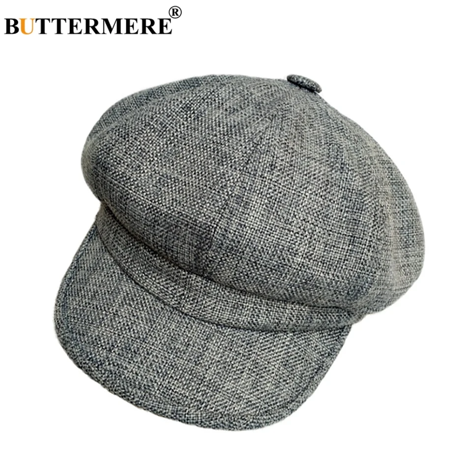 

BUTTERMERE Ladies Newsboy Caps Linen Grey Hats For Women Retro Painter Octagonal Hat Summer Female Solid Duckbill Hats And Caps