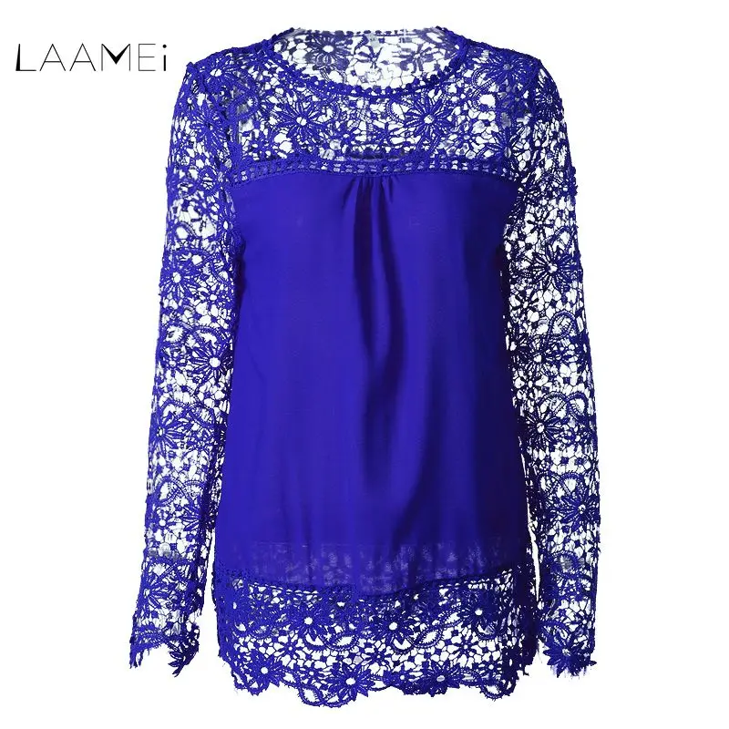 Laamei S-7XL размера плюс шифоновая блузка рубашка модная женская кружевная рубашка с принтом и длинным рукавом Весенние Топы Blusas модный топ