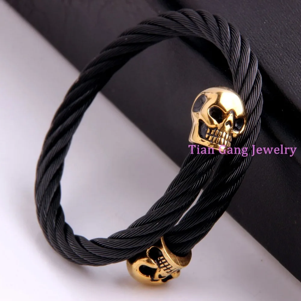 Cool Punk Gothic Wire Cable Mens Black font b Gold b font Skull End font b