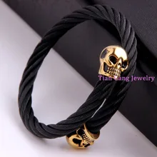Cool Punk Gothic Wire Cable Mens Black Gold Skull End Bracelets Bangles High Quality Titanium Steel New Men Fashion Jewelry