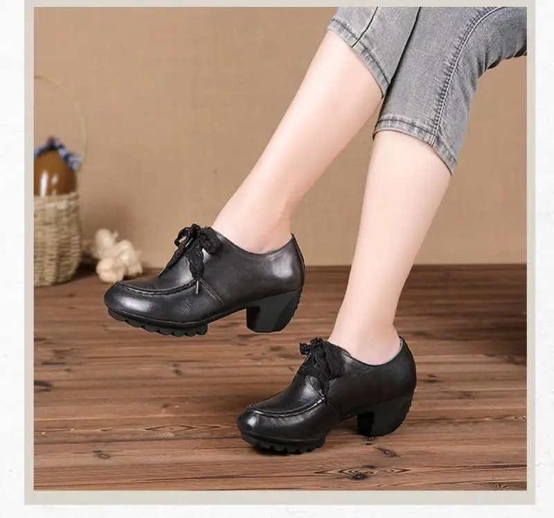 

women's shoes in the fall Coarse high heel casual shoes leather old shoes mother shoesRetro high-heeled women's shoes