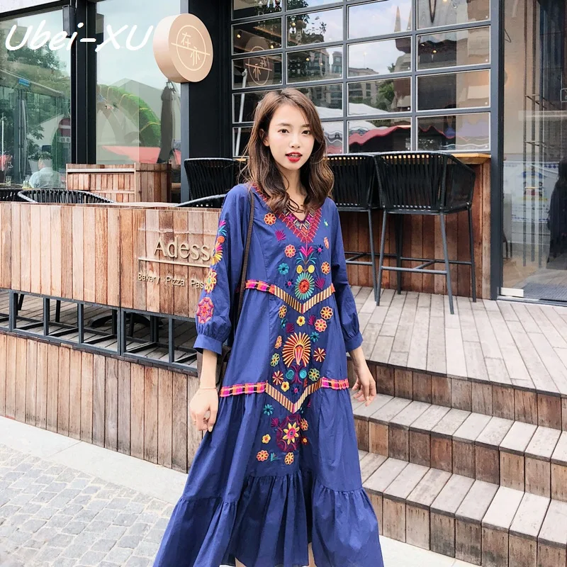 

Ubei New V-neck loose long cotton linen dress Bohemian holiday style dress large size fashion embroider casual dress Two colors