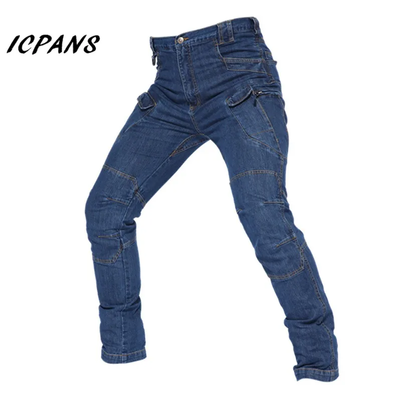 

ICPANS Pockets Jeans Men Streetwear Military Style Vintage Combat Tactical Blue Zip IX9 Denim Jeans Men Cargo Pants Winter