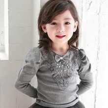 Free Shipping Children s T shirt 2017 Spring and Autumn Fashion Lace Decorative Long Sleeve bow