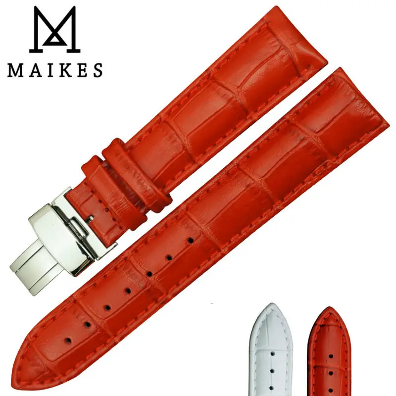 

MAIKES складной ремешок для часов с пряжкой, 14 мм, 16 мм, 18 мм, 20 мм, 22 мм, красный ремешок для часов из натуральной телячьей кожи, кварцевые часы дл...