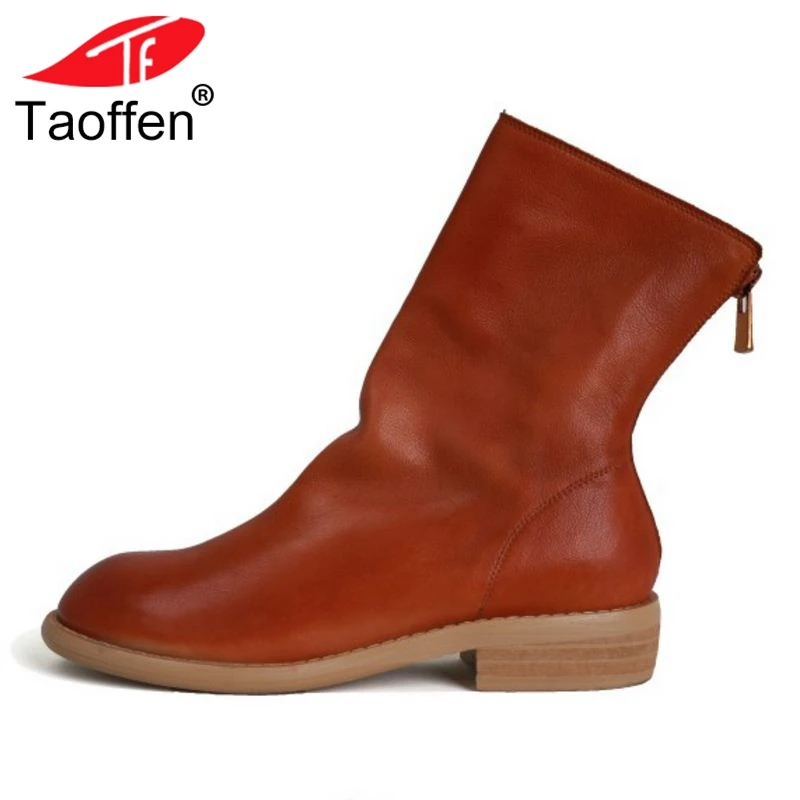 

TAOFFEN 6 Colors Woman Flats Boots Real Leather Round Toe Zipper Women Mid Calf Boots Concise Short Woman Boots Size34-40